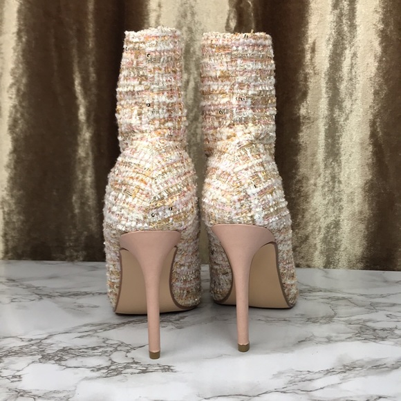 Pink tan tweed heel ankle booties silver zipper size 10 - Picture 3 of 7
